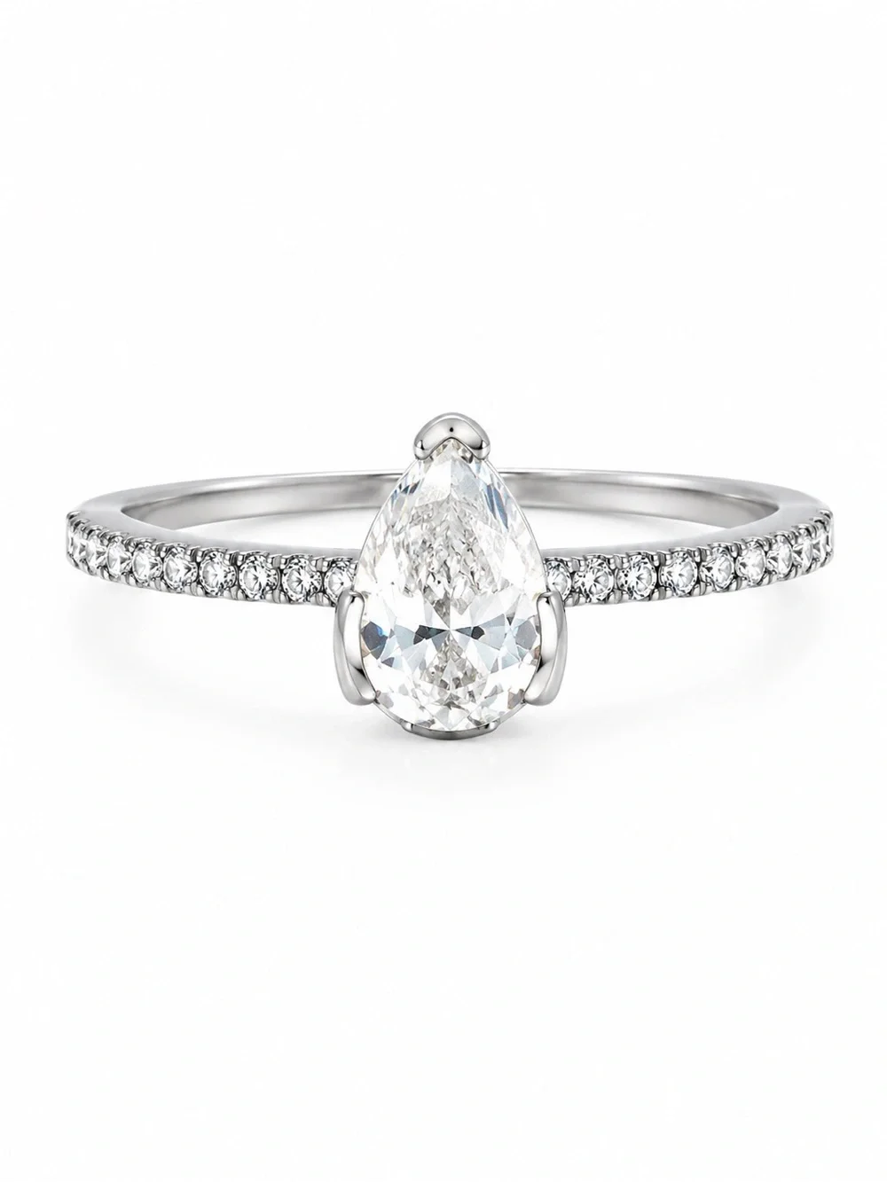 Faux Diamond Pear Cut Teardrop Ring Size 8 Silver Tone Pave Rhinestone Band
